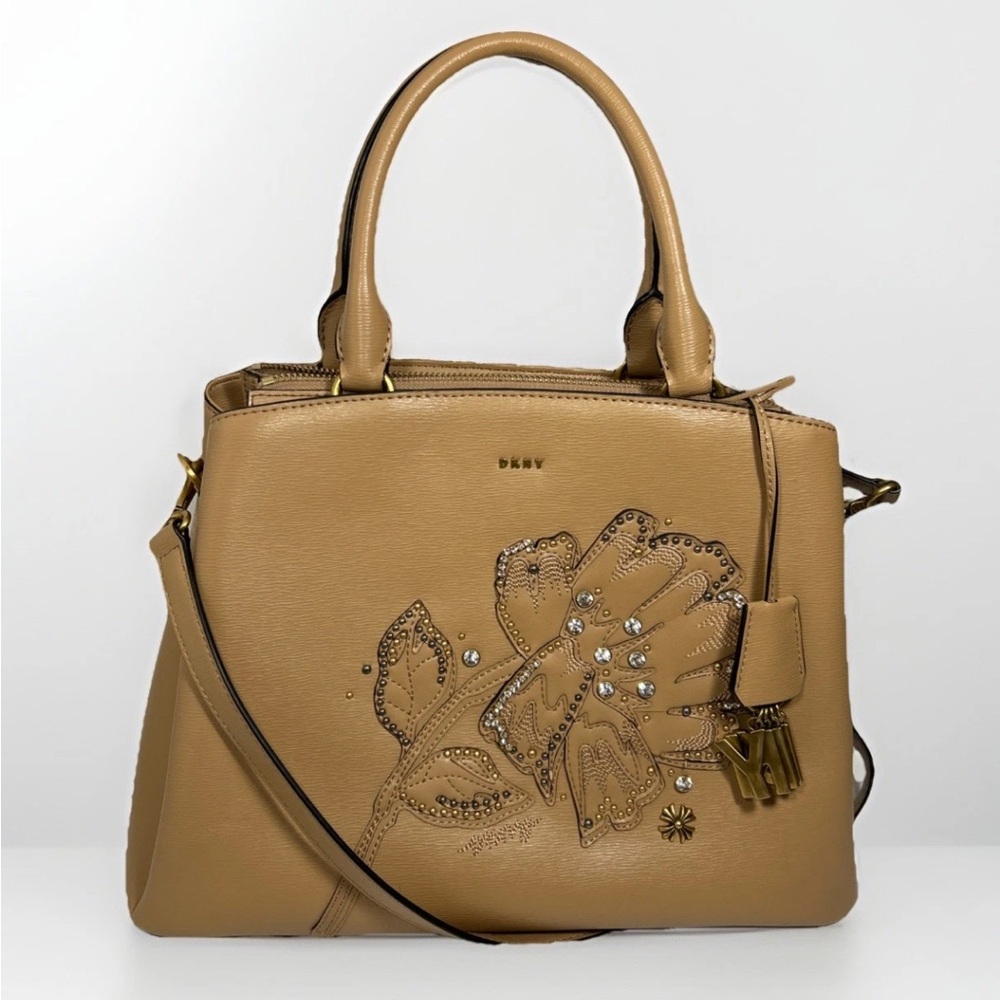 DKNY Tan Leather Crystal Studded Floral Satchel Shoulder Handbag w DKNY Hang Tag